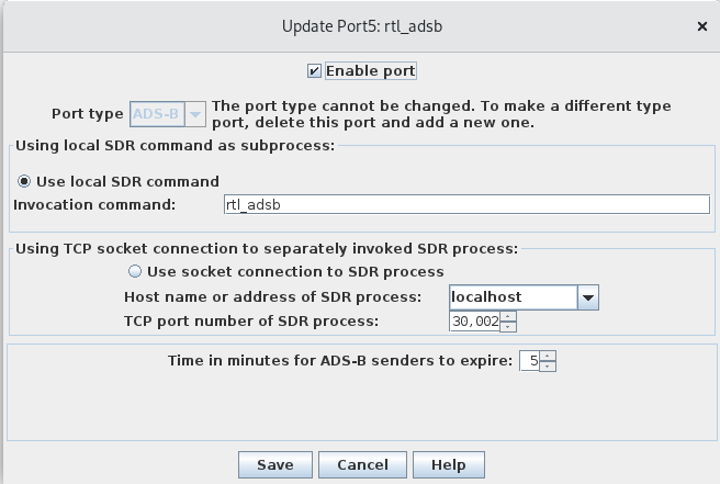 configuration panel for ADS-B receiver port