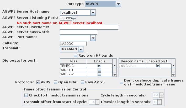 YAAC's AGWPE configuration panel screenshot