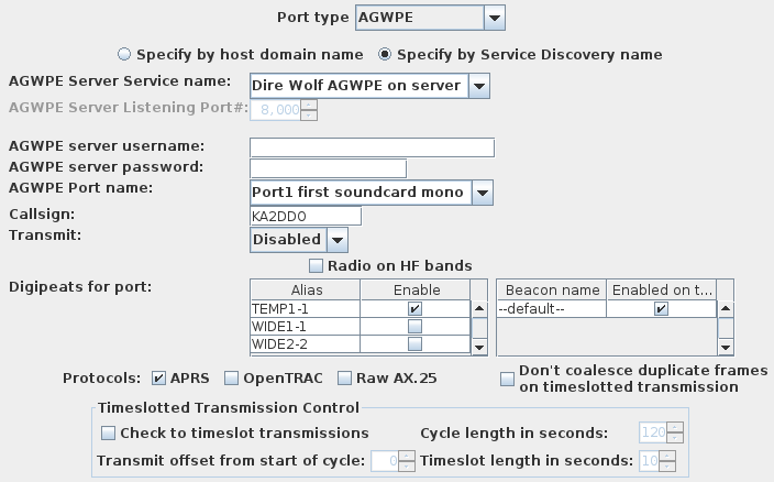 AGWPE Service Discovery port configuration panel