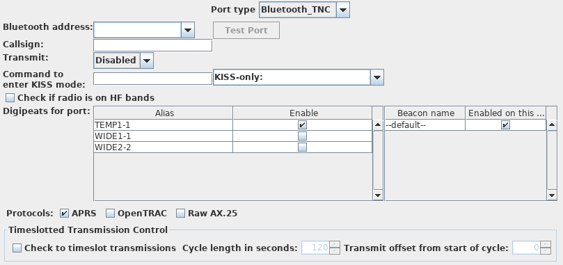 Bluetooth TNC configuration panel