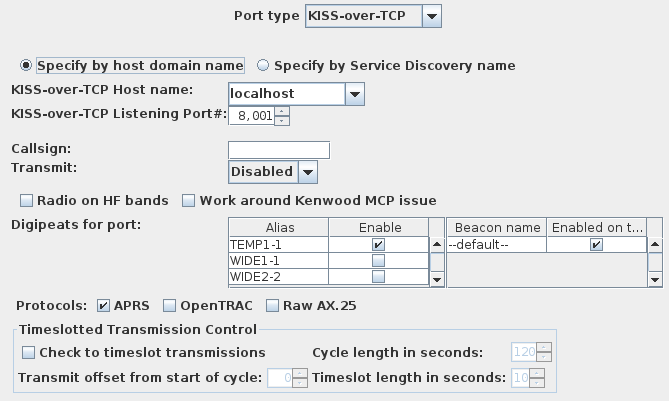 KISS-over-TCP port configuration panel