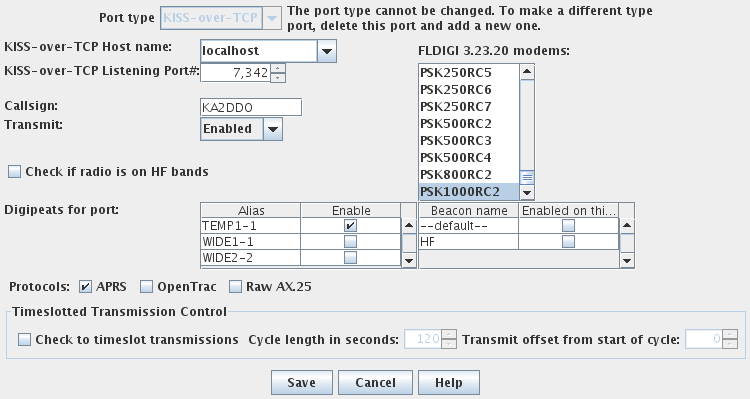 KISS-over-TCP configuration panel showing FLDIGI modem choices