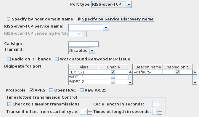 KISS-over-TCP Service Discovery port configuration panel