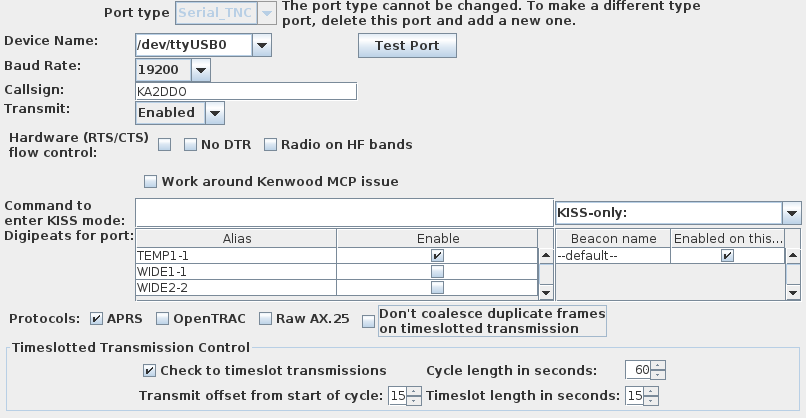 screenshot of serial TNC configure panel