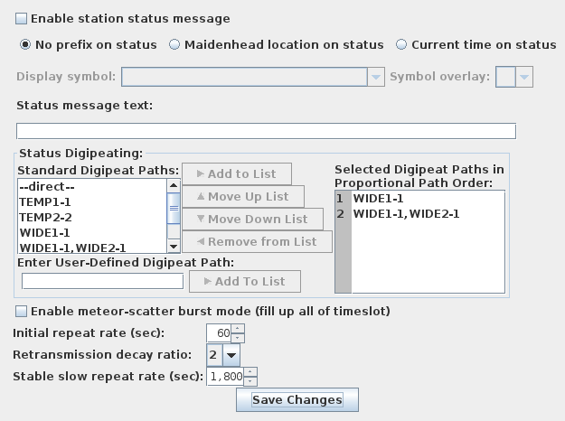 APRS status message configuration panel