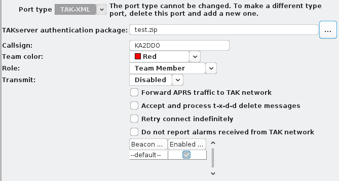 TAK port configuration panel