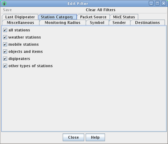 station category filter control panel