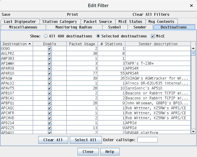 destination filter control panel