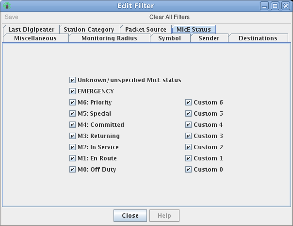 Mic-E status code filter control panel