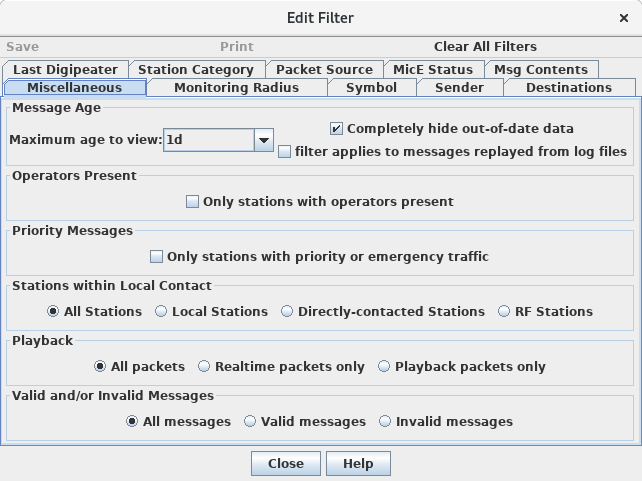 control panel for miscellaneous filters