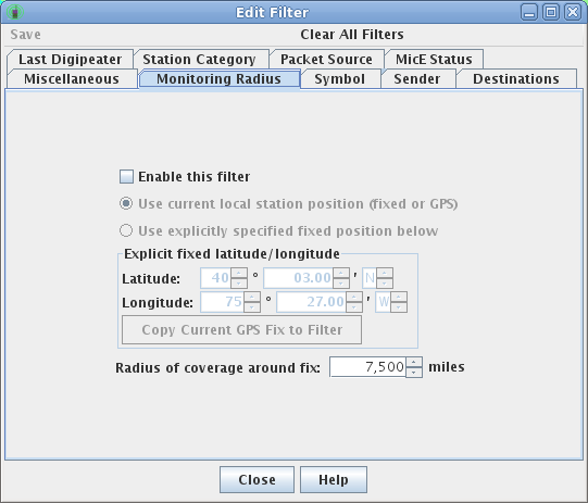 radius filter control panel