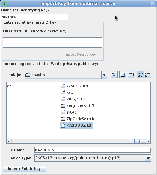 YAAC import dialog for PKCS#12 certificates