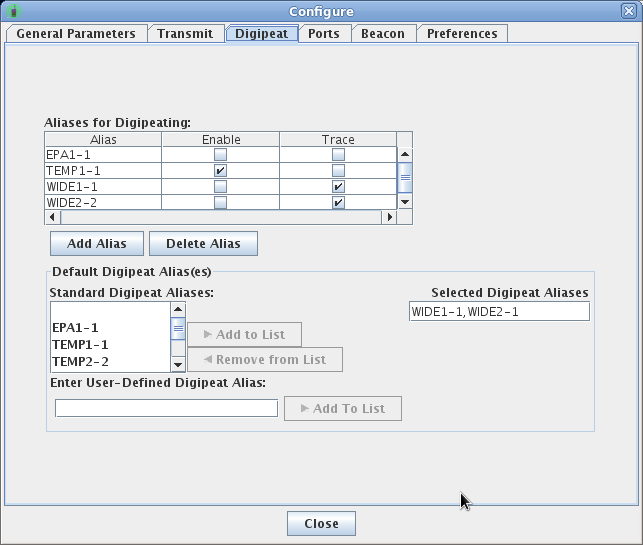 digipeater parameters configuration control panel