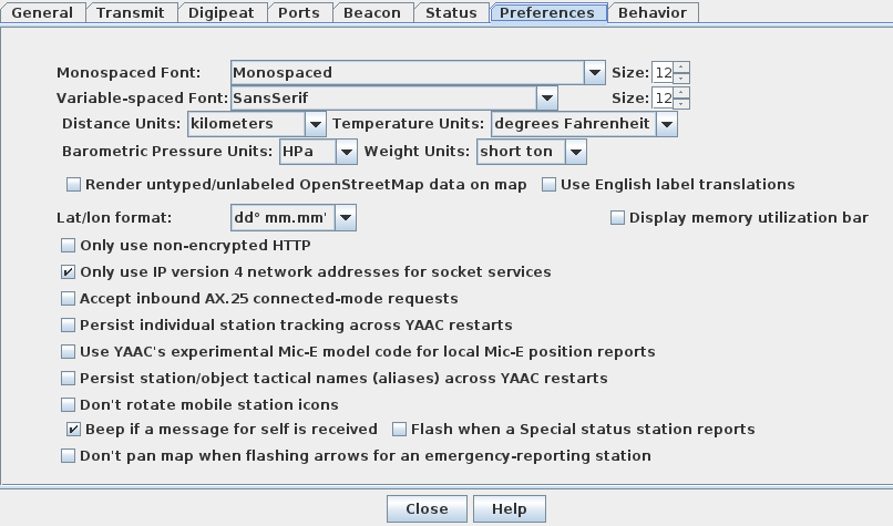 Configure Preferences dialog tab