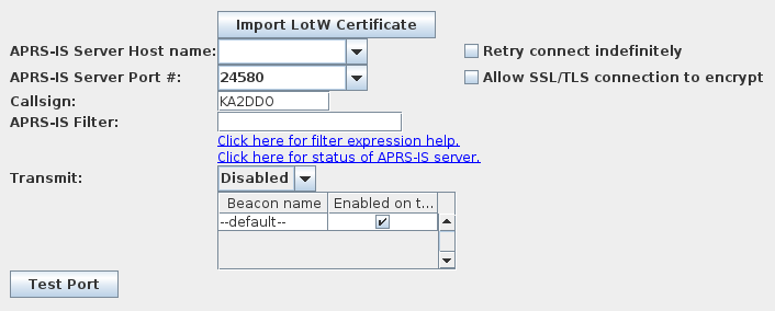 APRS-IS-over-SSL configuration panel