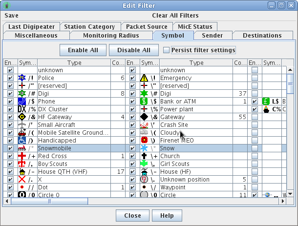 APRS symbol filter control panel